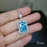 Blue Topaz Necklace Baguette Cut 18K @ Sterling Silver Large 10 Ct Rectangle Blue Topaz Pendant Gemstone Halo Solitaire Blue Topaz #803