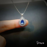 Blue Sapphire Necklace Double Gemstone Halo Teardrop Blue Sapphire Pendant White Gold Plated Sterling Silver Pear September Birthstone #485