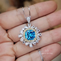 Large Square Radiant Cut Blue Topaz Necklace 18kgp @ Sterling Silver Gemstone Halo 7 CT Blue Topaz Pendant November Birthstone #808