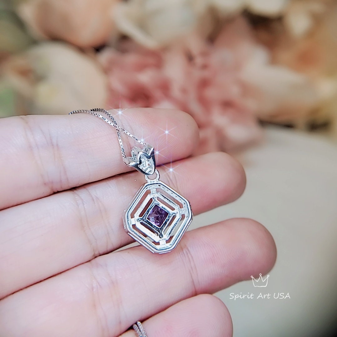 Diamond Crown Square Amethst Necklace Sterling Silver White Gold Plated Halo 0.9 CT Purple Amethyst Pendant Jewelry February Birthstone #104