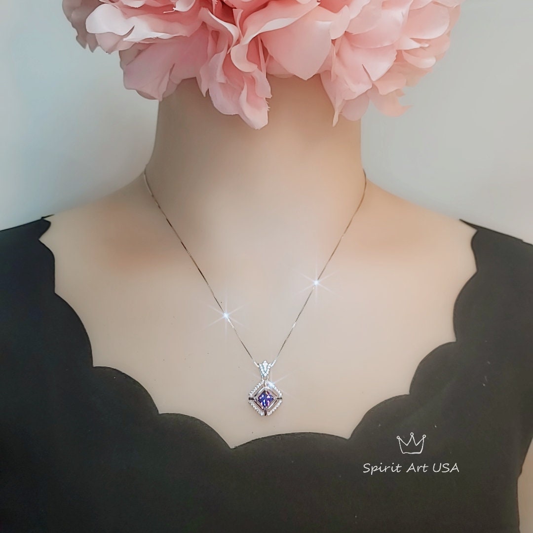 Diamond Crown Square Amethst Necklace Sterling Silver White Gold Plated Halo 0.9 CT Purple Amethyst Pendant Jewelry February Birthstone #104