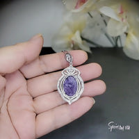 Genuine Purple Charoite Necklace White Gold plated Sterling Silver 10 CT Halo Charoite Pendant Gemstone Large Wedding Royal#982