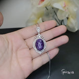 Genuine Purple Charoite Necklace White Gold plated Sterling Silver 10 CT Halo Charoite Pendant Gemstone Large Wedding Royal#982