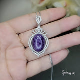 Genuine Purple Charoite Necklace White Gold plated Sterling Silver 10 CT Halo Charoite Pendant Gemstone Large Wedding Royal#982