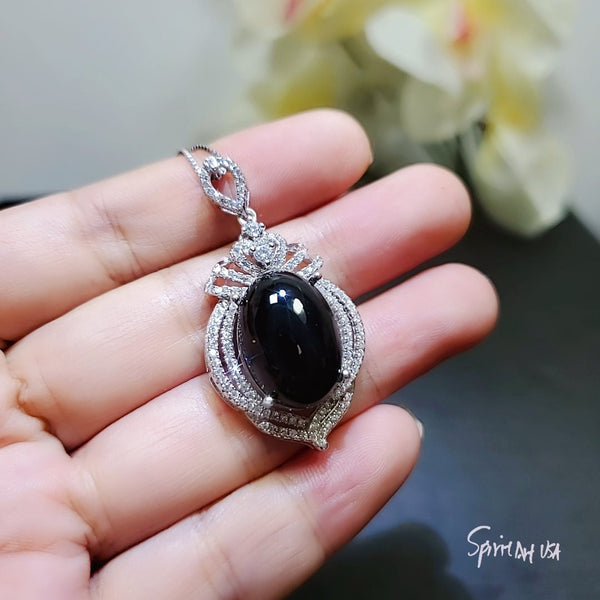 Large Black Onyx Sterling Silver Necklace 14 ct Oval Black Gemstone Gemstone Pendant 18k White Gold Plated Royal Crown #863