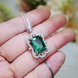 Large Rectangle Emerald Necklace - Sterling Silver White Gold coated Royal Flower Pendant - 10 CT Green Gemstone Wedding Bridal Jewelry #744