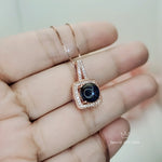 Black Onyx Necklace - Rose Gold coated 925 Sterling Silver Halo Solitaire Square 8 mm Black Agate Pendant 079