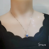 Blue Tanzanite Necklace Gemstone Water Lily Flower Pendant - 18k @ Sterling Silver - 1 CT Rectangle Lab Created Blue Tanzanite Jewelry #650