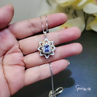 Blue Tanzanite Necklace Gemstone Water Lily Flower Pendant - 18k @ Sterling Silver - 1 CT Rectangle Lab Created Blue Tanzanite Jewelry #650