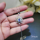 Blue Tanzanite Necklace Gemstone Water Lily Flower Pendant - 18k @ Sterling Silver - 1 CT Rectangle Lab Created Blue Tanzanite Jewelry #650