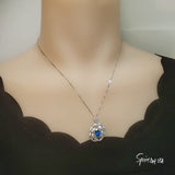 Gemstone Peony Blue Sapphire Necklace , 2.1 CT Blue Gemstone Pendant , Large White Gold plated Sterling Silver Flower Sapphire Jewelry #561