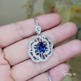 Gemstone Peony Blue Sapphire Necklace , 2.1 CT Blue Gemstone Pendant , Large White Gold plated Sterling Silver Flower Sapphire Jewelry #561