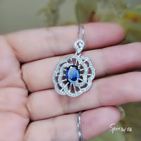 Gemstone Peony Blue Sapphire Necklace , 2.1 CT Blue Gemstone Pendant , Large White Gold plated Sterling Silver Flower Sapphire Jewelry #561