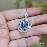 Gemstone Peony Blue Sapphire Necklace , 2.1 CT Blue Gemstone Pendant , Large White Gold plated Sterling Silver Flower Sapphire Jewelry #561