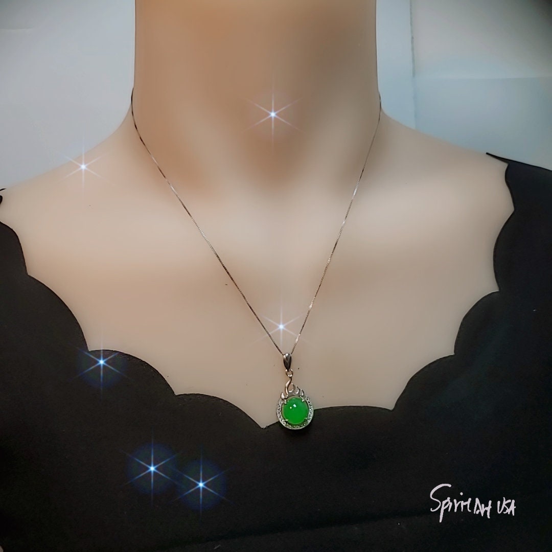 Green Emerald Jade Necklace - 925 Sterling Silver Fire Style Green Stone Necklace May Birthstone CZ Pendant 1050