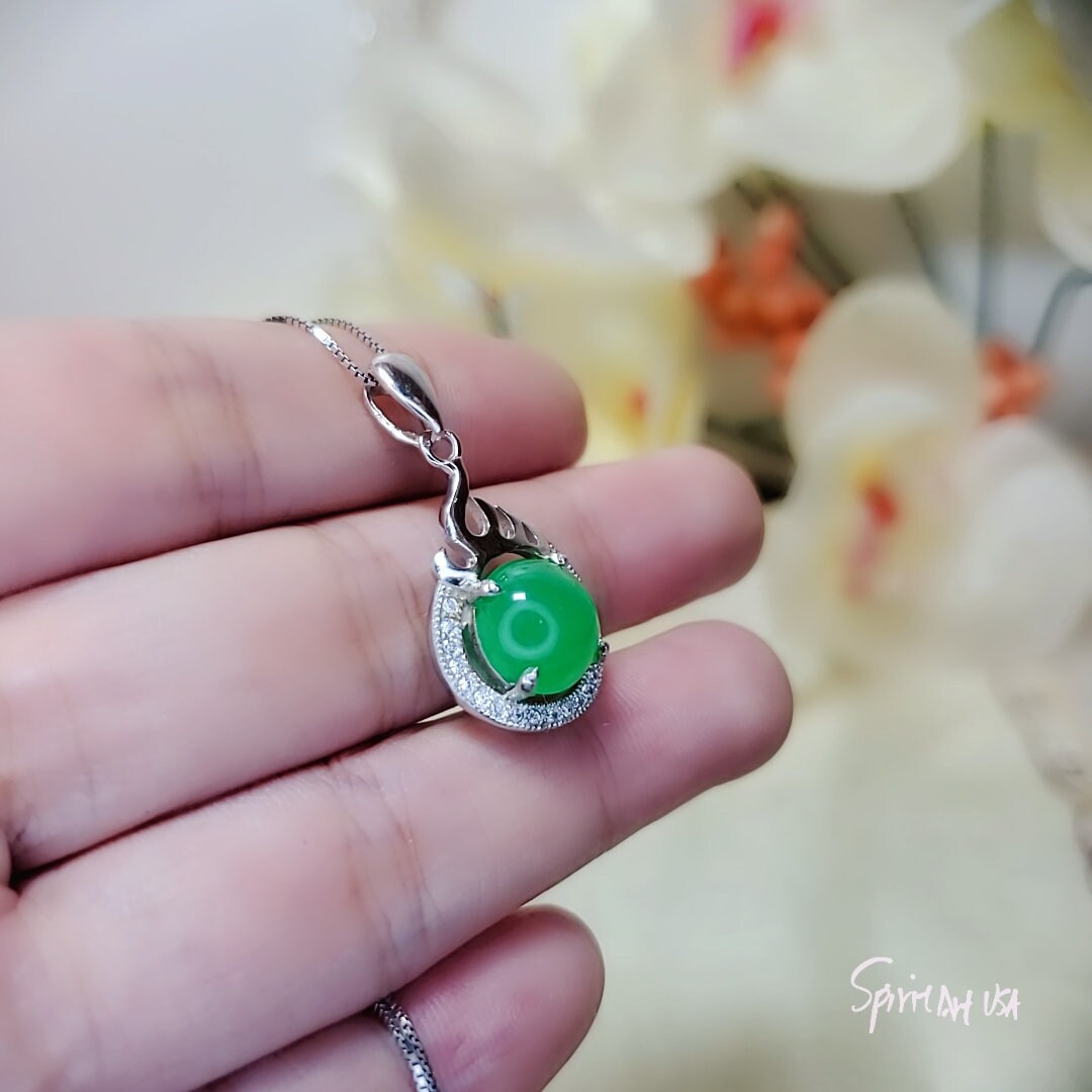 Green Emerald Jade Necklace - 925 Sterling Silver Fire Style Green Stone Necklace May Birthstone CZ Pendant 1050