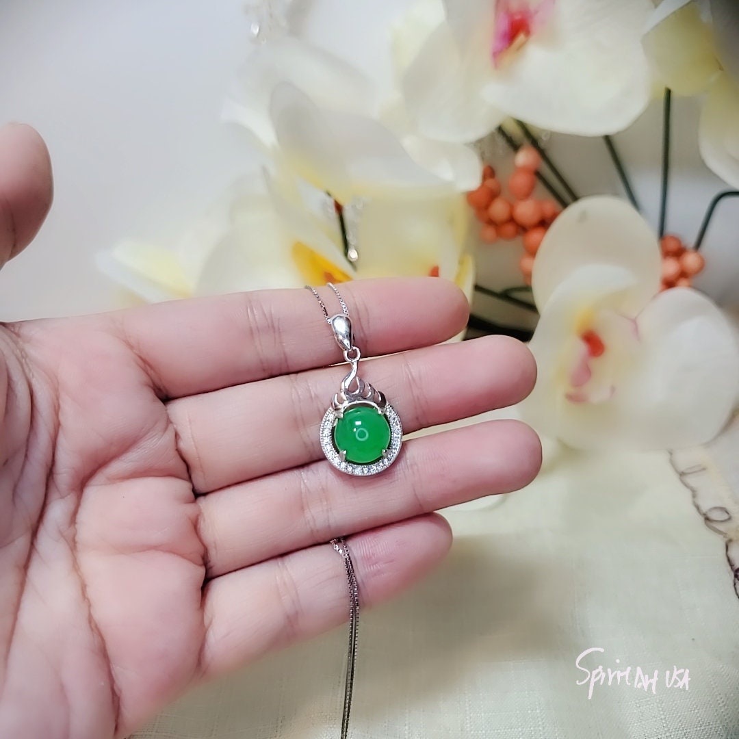 Green Emerald Jade Necklace - 925 Sterling Silver Fire Style Green Stone Necklace May Birthstone CZ Pendant 1050