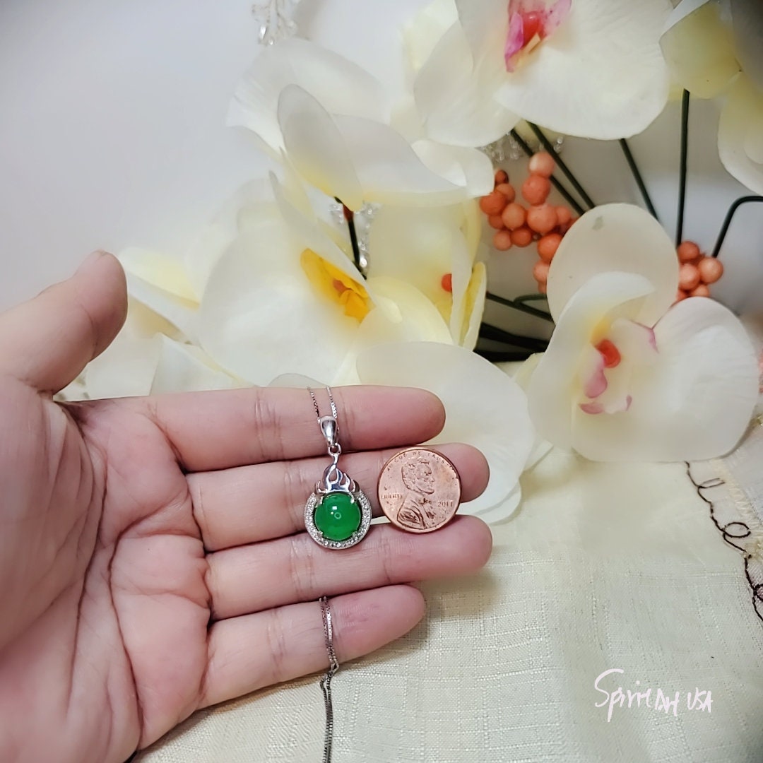 Green Emerald Jade Necklace - 925 Sterling Silver Fire Style Green Stone Necklace May Birthstone CZ Pendant 1050