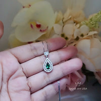 Double Halo Emerald Necklace - Gemstone Teardrop Emerald Pendant - Royal Crown Sterling Silver 18KGP Dainty May Birthstone green #244