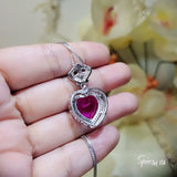 Pink Sapphire Heart Necklace 18KGP @ 925 Sterling Silver - Large 7 CT Fuchsia Heart - Royal Crown - Double Halo Large Pink Sapphire #841