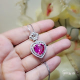 Pink Sapphire Heart Necklace 18KGP @ 925 Sterling Silver - Large 7 CT Fuchsia Heart - Royal Crown - Double Halo Large Pink Sapphire #841