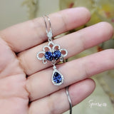 Blue Sapphire Peacock Flower Necklace Gemstone Tassel Teardrop Pear Multi Gemstone Pendant White Gold plated Sterling Silver #776