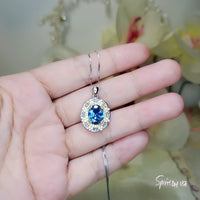 Blue Sapphire Lotus Flower Necklace Gemstone Gold Halo 3 ct Oval Blue Gemstone Pendant Sterling Silver White Gold plated Jewelry #720