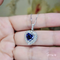 Tanzanite Necklace - 18k @ Sterling Silver - Gemstone Blue Ocean Heart Double Halo 2 CT Man created Vivid Energic Tanzanite Gemstone #474