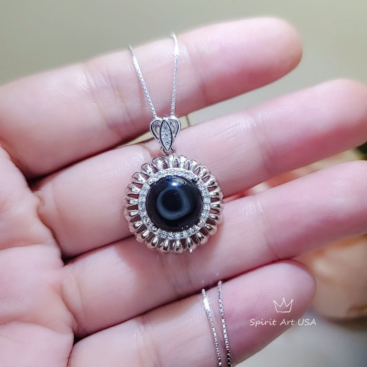 Black Onyx Necklace Sterling Silver Sunflower Style Diamond Surrounded Natural Black Onyx Jewelry #1003