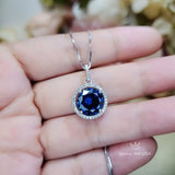 Halo 4 Ct Sapphire Necklace White Gold Plated Sterling Silver Sim Gemstone Round Lab Blue Gemstone Pendant Large Dainty September #507