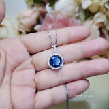 Halo 4 Ct Sapphire Necklace White Gold Plated Sterling Silver Sim Gemstone Round Lab Blue Gemstone Pendant Large Dainty September #507