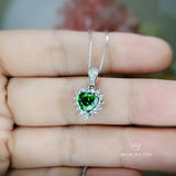 Gemstone Heart Green Diopside Necklace, Sterling Silver White Gold Coated Tiny Minimalist Halo Green Diopside Pendant 032