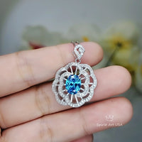 Gemstone Peony Blue Topaz Necklace, 2.1 CT Blue Gemstone Pendant White Gold plated Sterling Silver Flower Jewelry #556