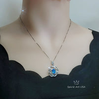 Gemstone Peony Blue Topaz Necklace, 2.1 CT Blue Gemstone Pendant White Gold plated Sterling Silver Flower Jewelry #556