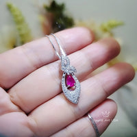 Super Tiny Ruby Necklace - Sterling Silver Diamond Leaf Butterfly Pendant - White Gold 18KGP July Birthstone -Teardrop Red Ruby Jewelry #319