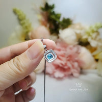 Minimalist Blue Topaz Necklace Sterling Silver Tiny Halo Square Solitaire Tiny Blue Topaz Pendant - November Birthstone 020