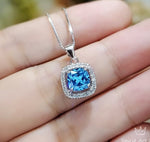 Minimalist Blue Topaz Necklace Sterling Silver Tiny Halo Square Solitaire Tiny Blue Topaz Pendant - November Birthstone 020