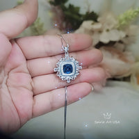 Square Blue Sapphire Necklace - 7 CT Sapphire Pendant - Gemstone Surround Gold Halo Sterling Silver - Large 10 MM Blue Sapphire #806