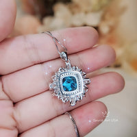 Large Square Radiant Cut Blue Topaz Necklace 18kgp @ Sterling Silver Gemstone Halo 7 CT Blue Topaz Pendant November Birthstone #808