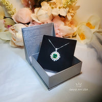 Large Square Emerald Necklace Gemstone Halo Gold Square 7 CT 10 MM Green Emerald Pendant Sterling Silver White Gold plated #809