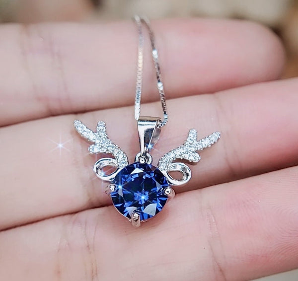 Tanzanite Necklace - Gemstone Deer Antler Pendant - 18KGP @ Sterling Silver 8mm Round 2 Ct Lab Tanzanite Pendant - December Birthstone #479