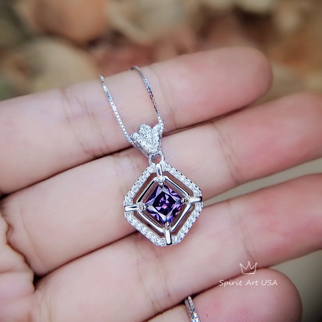 Diamond Crown Square Amethst Necklace Sterling Silver White Gold Plated Halo 0.9 CT Purple Amethyst Pendant Jewelry February Birthstone #104