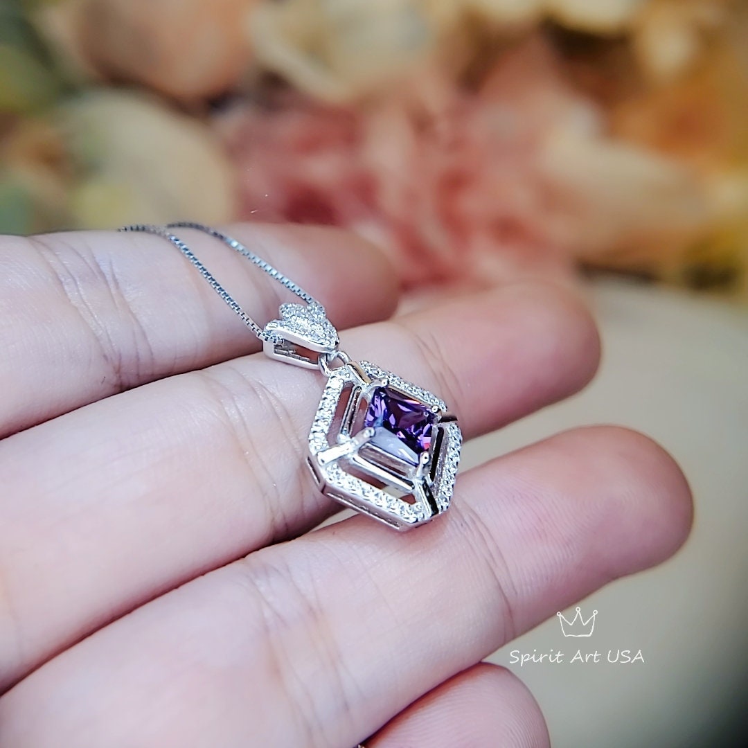 Diamond Crown Square Amethst Necklace Sterling Silver White Gold Plated Halo 0.9 CT Purple Amethyst Pendant Jewelry February Birthstone #104