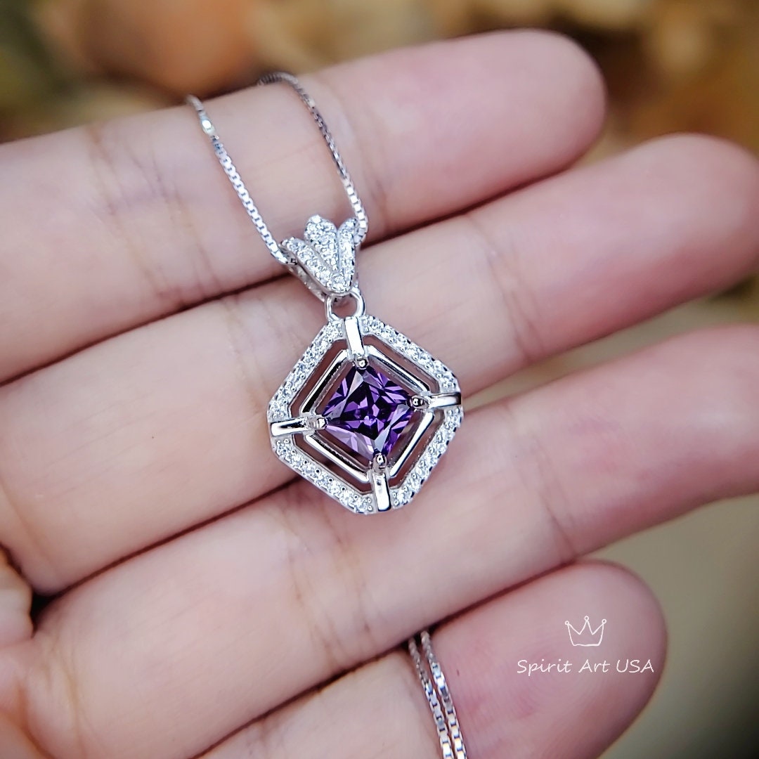 Diamond Crown Square Amethst Necklace Sterling Silver White Gold Plated Halo 0.9 CT Purple Amethyst Pendant Jewelry February Birthstone #104