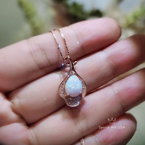 Opal Necklace - Rose Gold Gemstone Petal Flower Jewelry Sterling Silver Synthetic Opal Leaf Pendant Jewelry #207