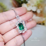 Large Rectangle Emerald Necklace - Sterling Silver White Gold coated Royal Flower Pendant - 10 CT Green Gemstone Wedding Bridal Jewelry #744