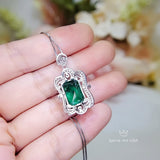 Large Rectangle Emerald Necklace - Sterling Silver White Gold coated Royal Flower Pendant - 10 CT Green Gemstone Wedding Bridal Jewelry #744