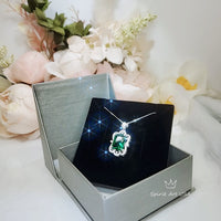 Large Rectangle Emerald Necklace - Sterling Silver White Gold coated Royal Flower Pendant - 10 CT Green Gemstone Wedding Bridal Jewelry #744