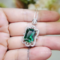 Large Rectangle Emerald Necklace - Sterling Silver White Gold coated Royal Flower Pendant - 10 CT Green Gemstone Wedding Bridal Jewelry #744