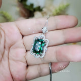 Large Rectangle Emerald Necklace - Sterling Silver White Gold coated Royal Flower Pendant - 10 CT Green Gemstone Wedding Bridal Jewelry #744